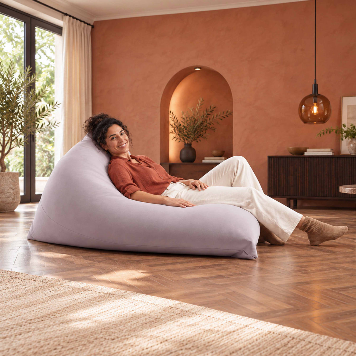 pouf géant berlingot intérieur taupe stretch, pouf géant d’assise confortable pour intérieur, forme berlingot, salon chambre