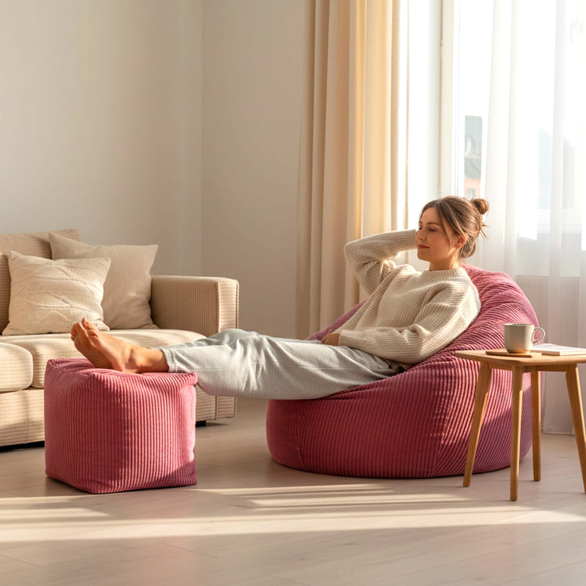 Pouf Cube Velours Côtelé Rose, pouf en velours côtelé rose pour assise ou repose-pieds, style moderne pour salon