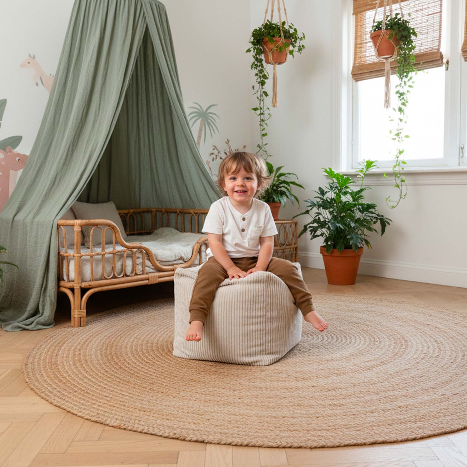 Pouf Cube Velours Côtelé Beige