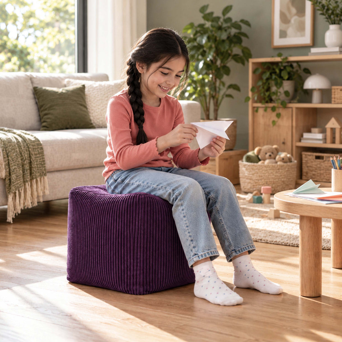 Pouf Cube Velours Côtelé Violet aubergine, cube en velours côtelé pour assise d’appoint ou repose-pieds dans un salon lumineux
