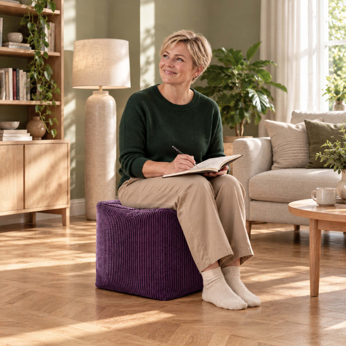 Pouf Cube Velours Côtelé Violet aubergine, pouf cube en velours côtelé violet pour assise ou repose-pieds dans un salon