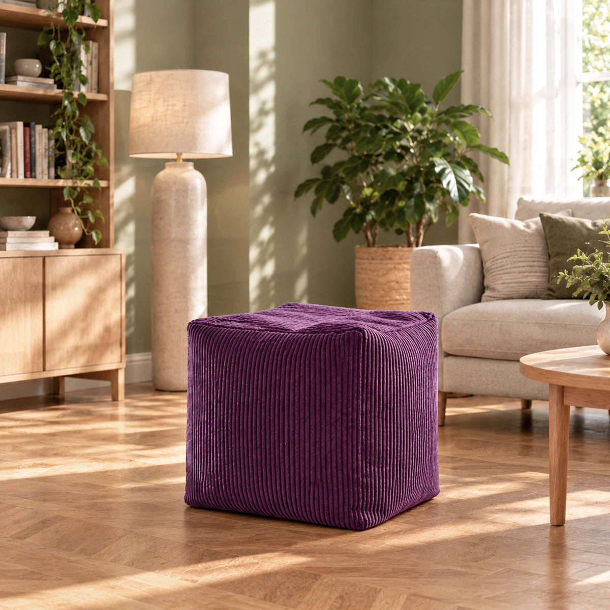 Pouf Cube Velours Côtelé Violet aubergine, pouf carré en velours côtelé, assise d’appoint et repose-pieds pour salon