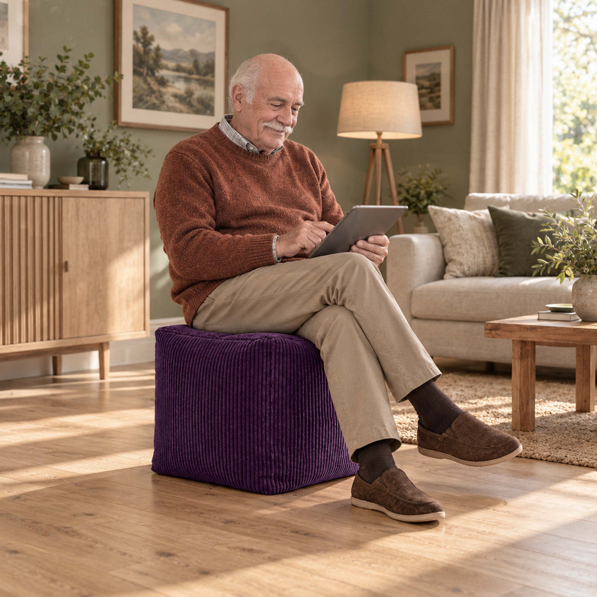 Pouf Cube Velours Côtelé Violet aubergine, pouf cube en velours côtelé utilisé comme assise et repose-pieds.