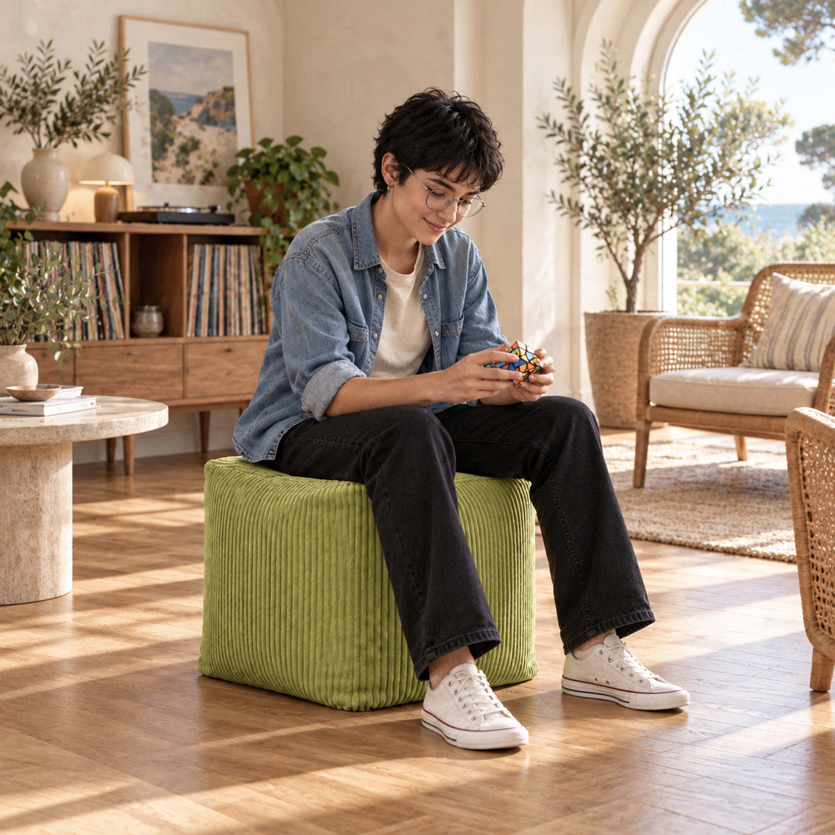 Pouf Cube Velours Côtelé Vert olive clair, assise et repose-pieds en velours côtelé, photo en intérieur lumineux