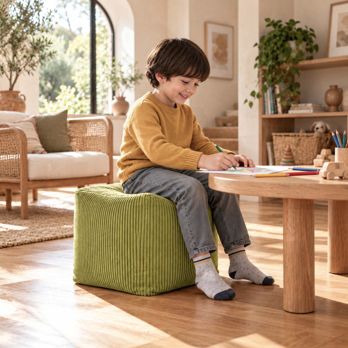 Pouf Cube Velours Côtelé Vert olive clair, pouf carré en velours côtelé vert olive, idéal assise ou repose-pieds pour enfant