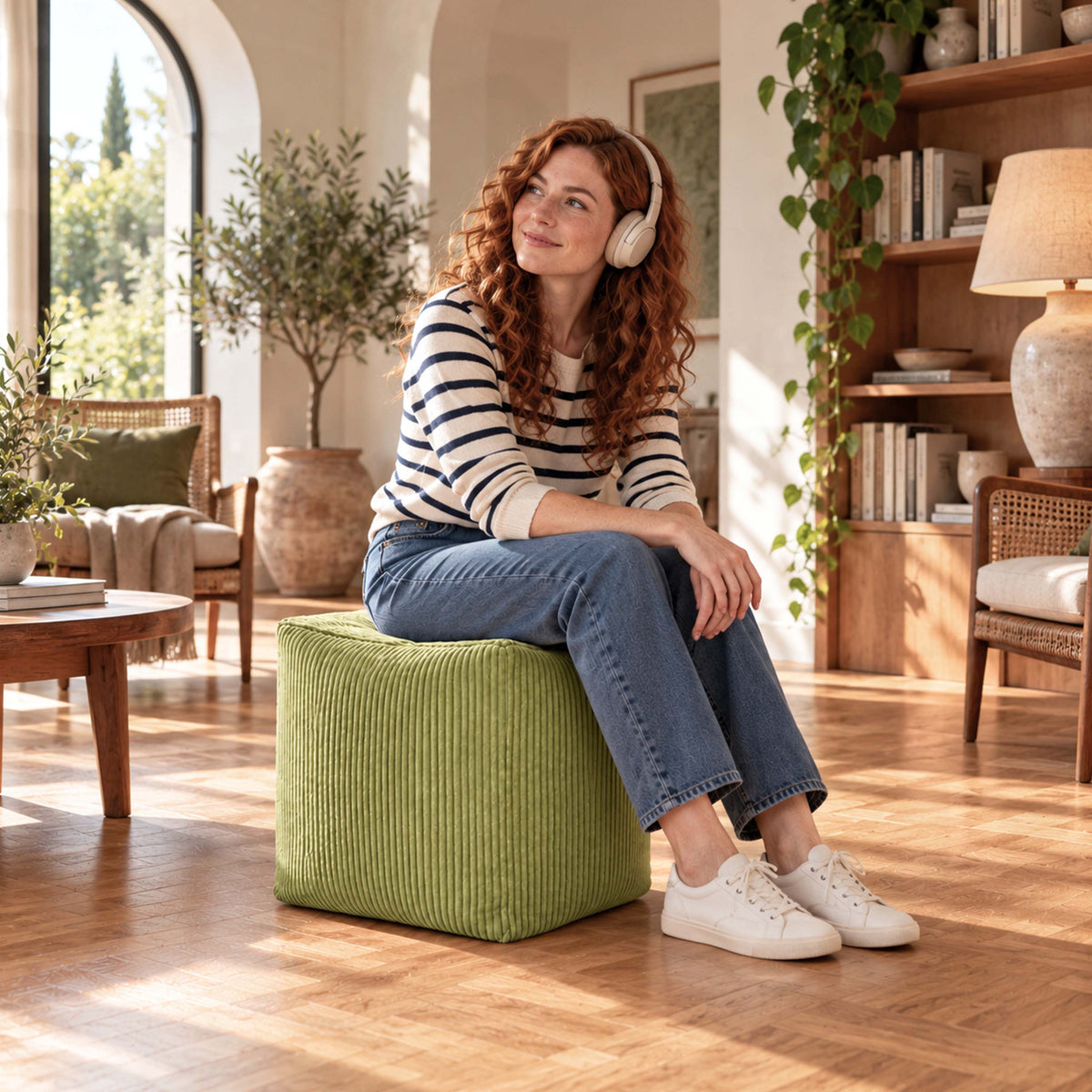 Pouf Cube Velours Côtelé Vert olive clair – assise d’appoint ou repose-pieds en velours côtelé, design cube