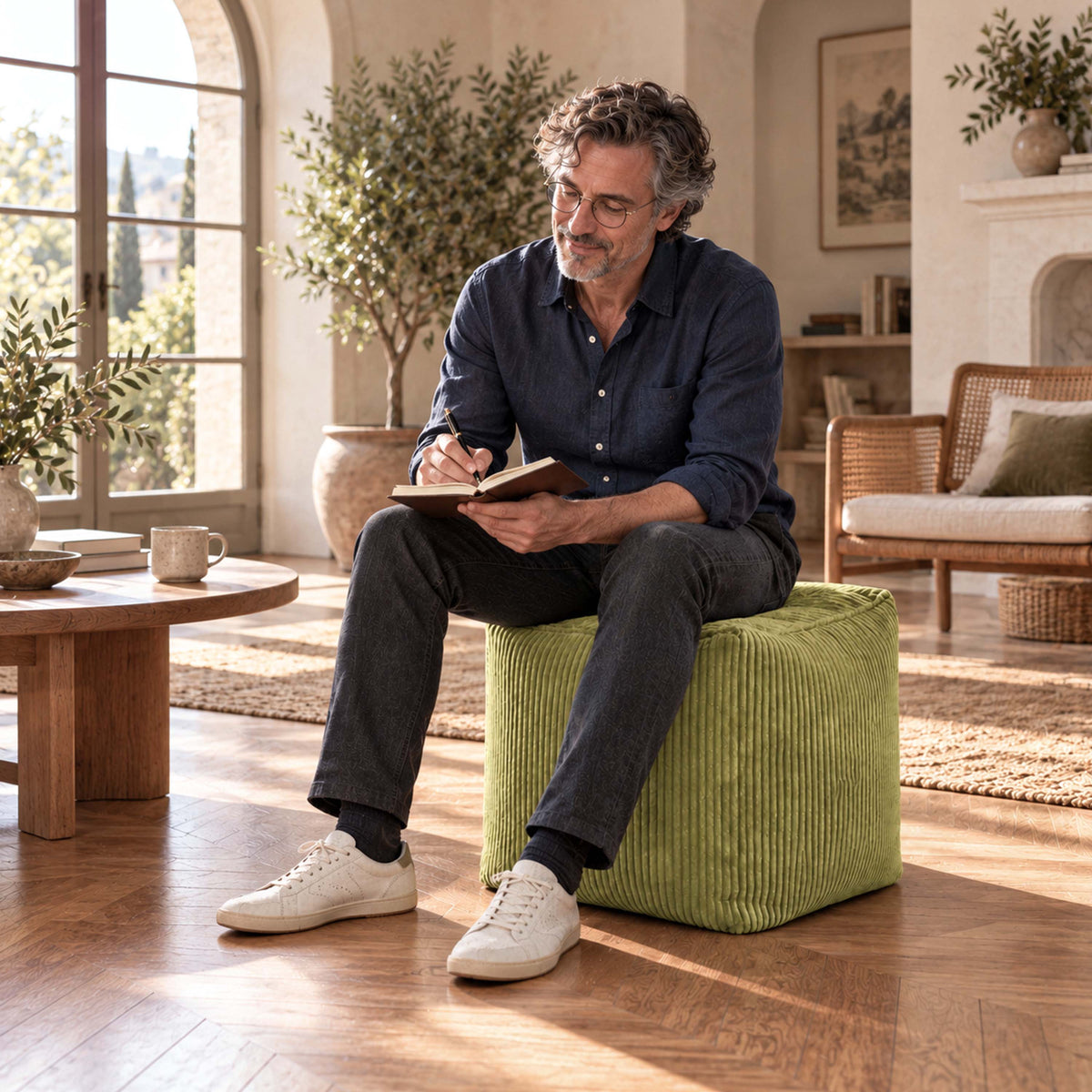 Pouf Cube Velours Côtelé Vert olive clair, cube en velours côtelé vert olive clair utilisé comme assise ou repose-pieds