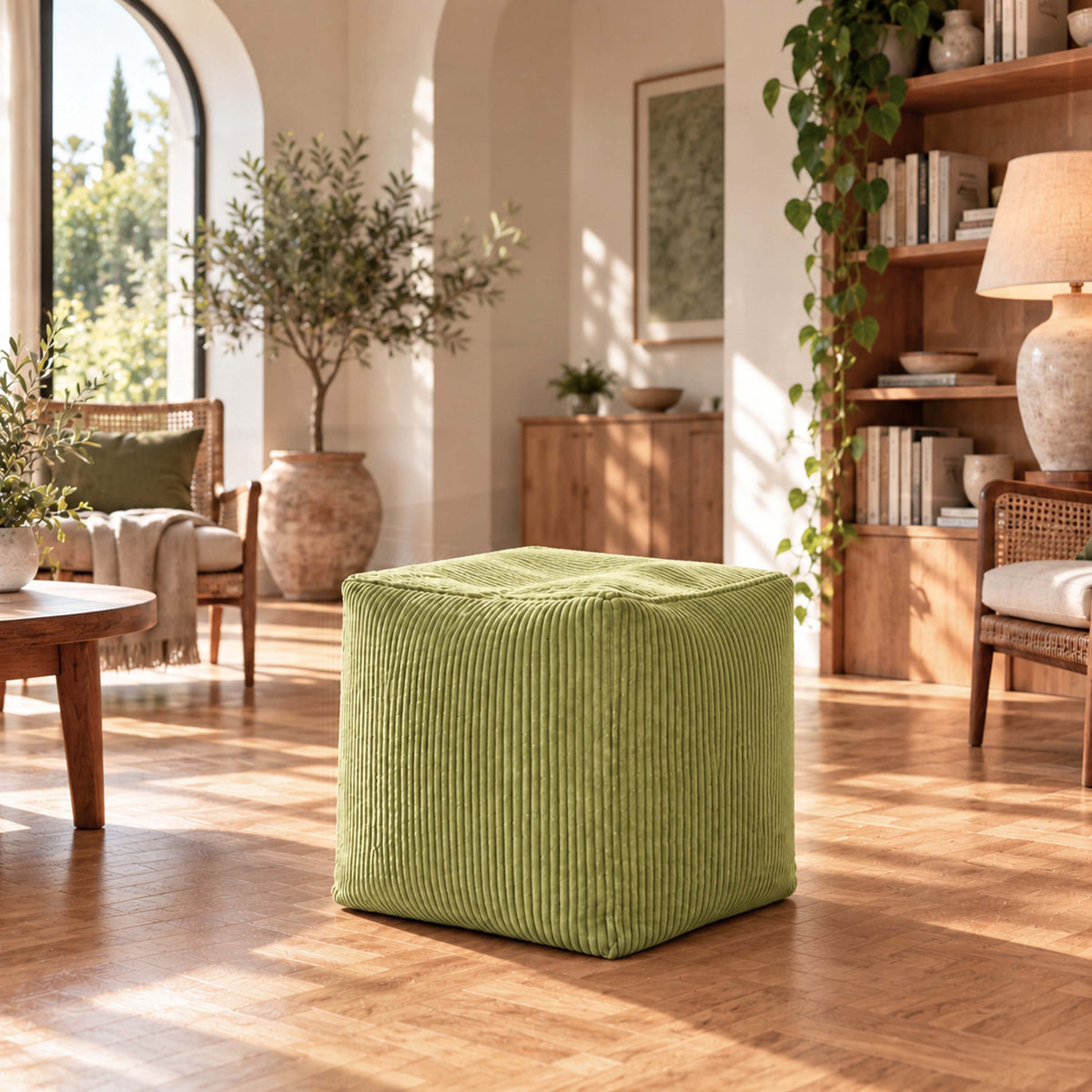 Pouf Cube Velours Côtelé Vert olive clair, pouf carré en velours côtelé vert pour assise et repose-pieds.
