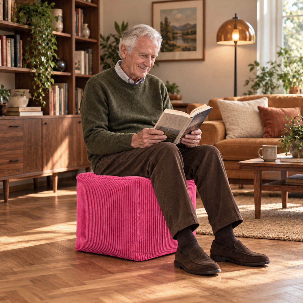 pouf cube en velours côtelé rose déhoussable, pouf cube rose en velours côtelé pour assise et repose-pieds