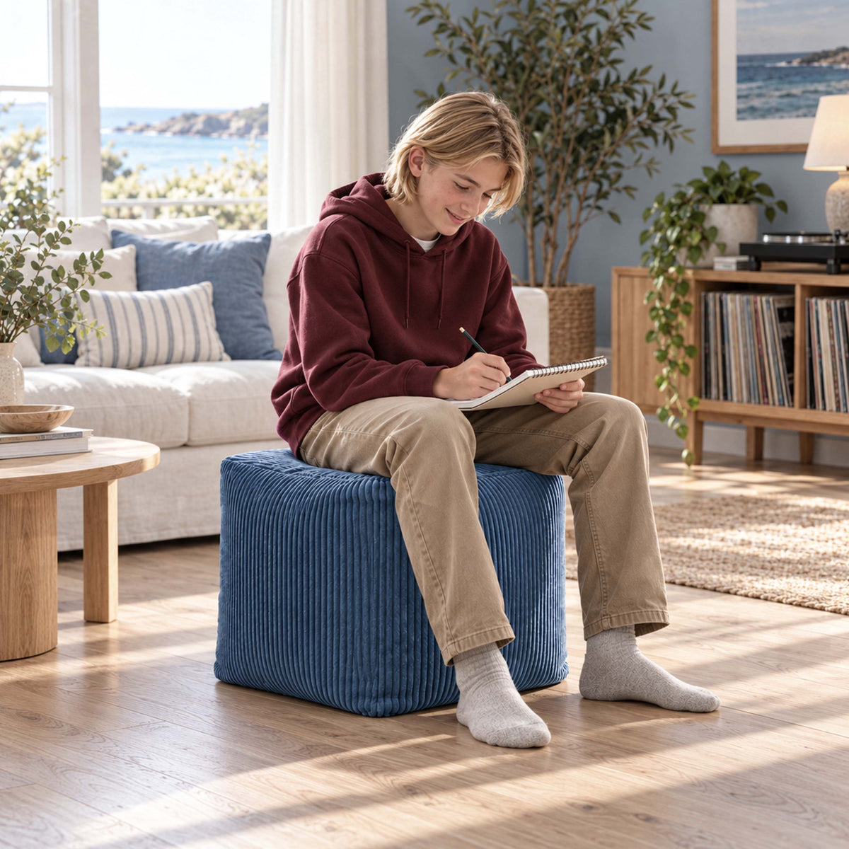 Pouf Cube Velours Côtelé Bleu denim : pouf carré en velours côtelé bleu, assise d’appoint ou repose-pieds, intérieur salon lumineux