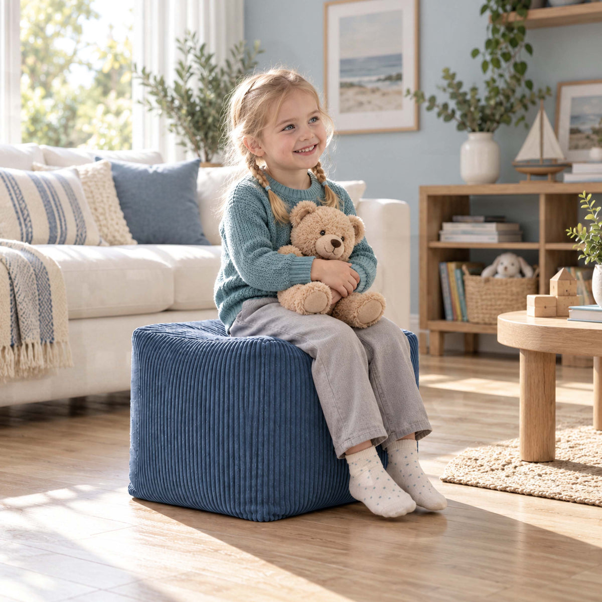 Pouf Cube Velours Côtelé Bleu denim, pouf cube en velours côtelé bleu utilisé comme assise pour enfant en salon