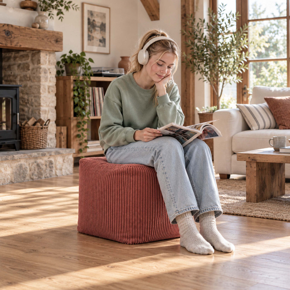 Pouf Cube Velours Côtelé Terracotta, assise d’appoint en velours côtelé terracotta, dans un salon chaleureux, repose-pieds