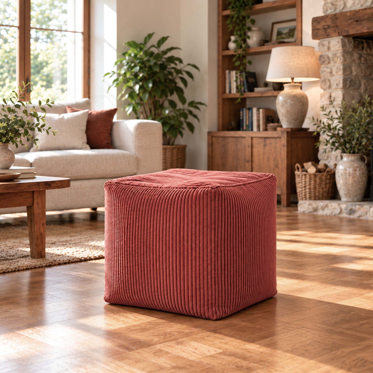 Pouf Cube Velours Côtelé Terracotta — pouf cube en velours côtelé pour assise ou repose-pieds, coloris terracotta