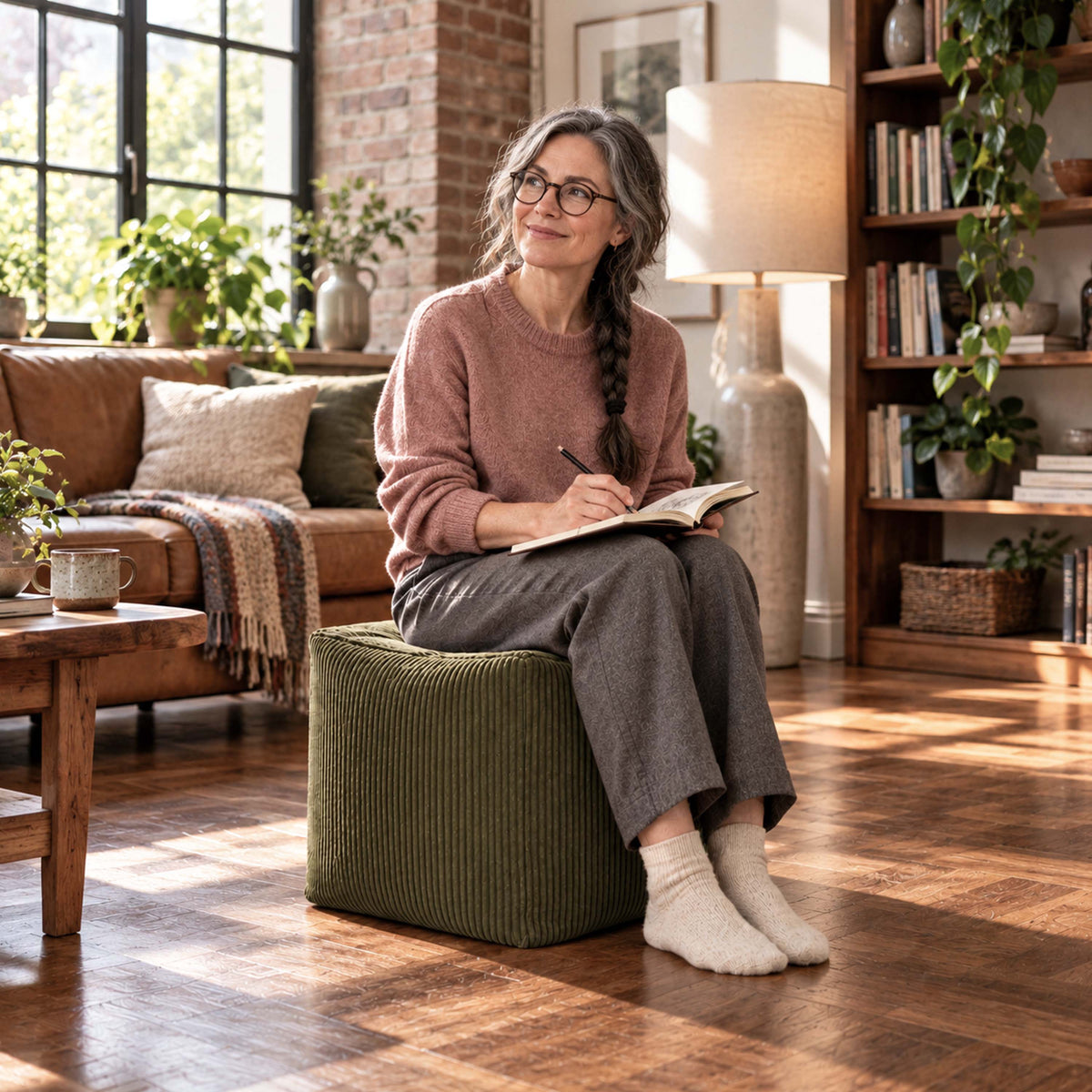 Pouf Cube Velours Côtelé Kaki foncé en velours côtelé, assise et repose-pieds pour salon chaleureux