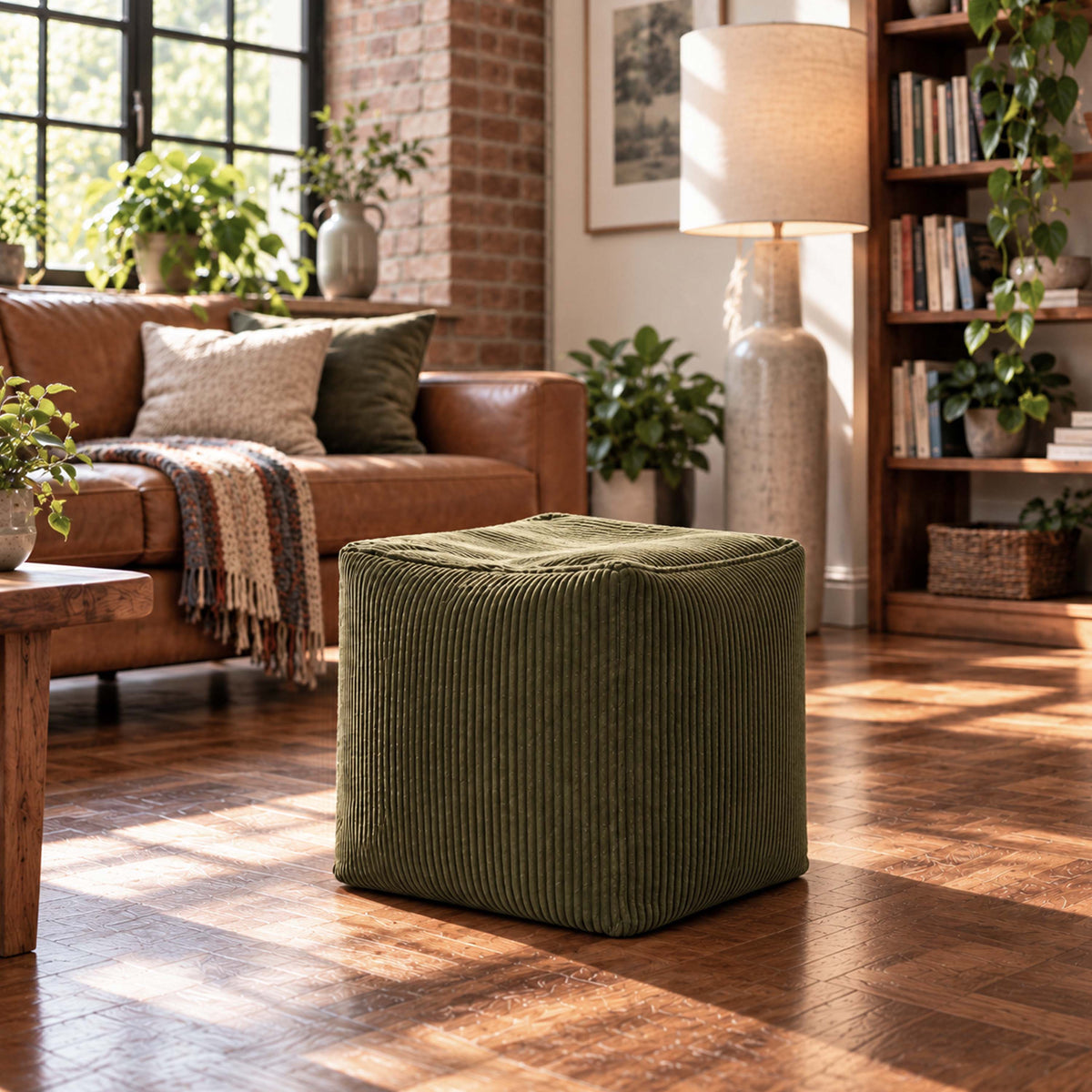 Pouf Cube Velours Côtelé Kaki foncé — pouf carré en velours côtelé, assise ou repose-pieds d’appoint, déco salon chaleureuse.