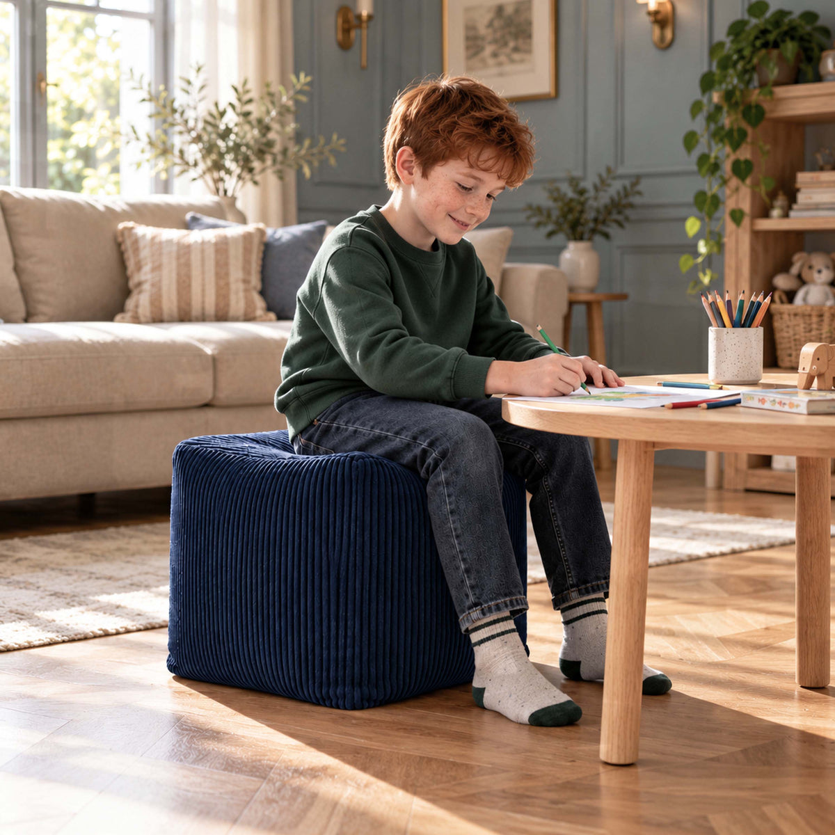 pouf cube en velours côtelé bleu marine, enfant assis pour dessiner sur un pouf cube dans un salon lumineux