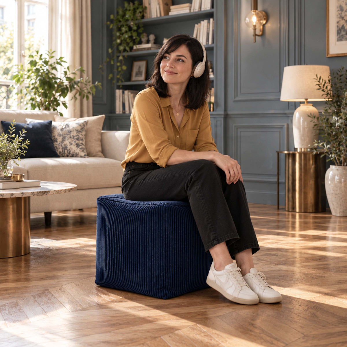 pouf cube en velours côtelé bleu marine : assise d’appoint et repose-pieds, usage salon, intérieur avec modèle bleu