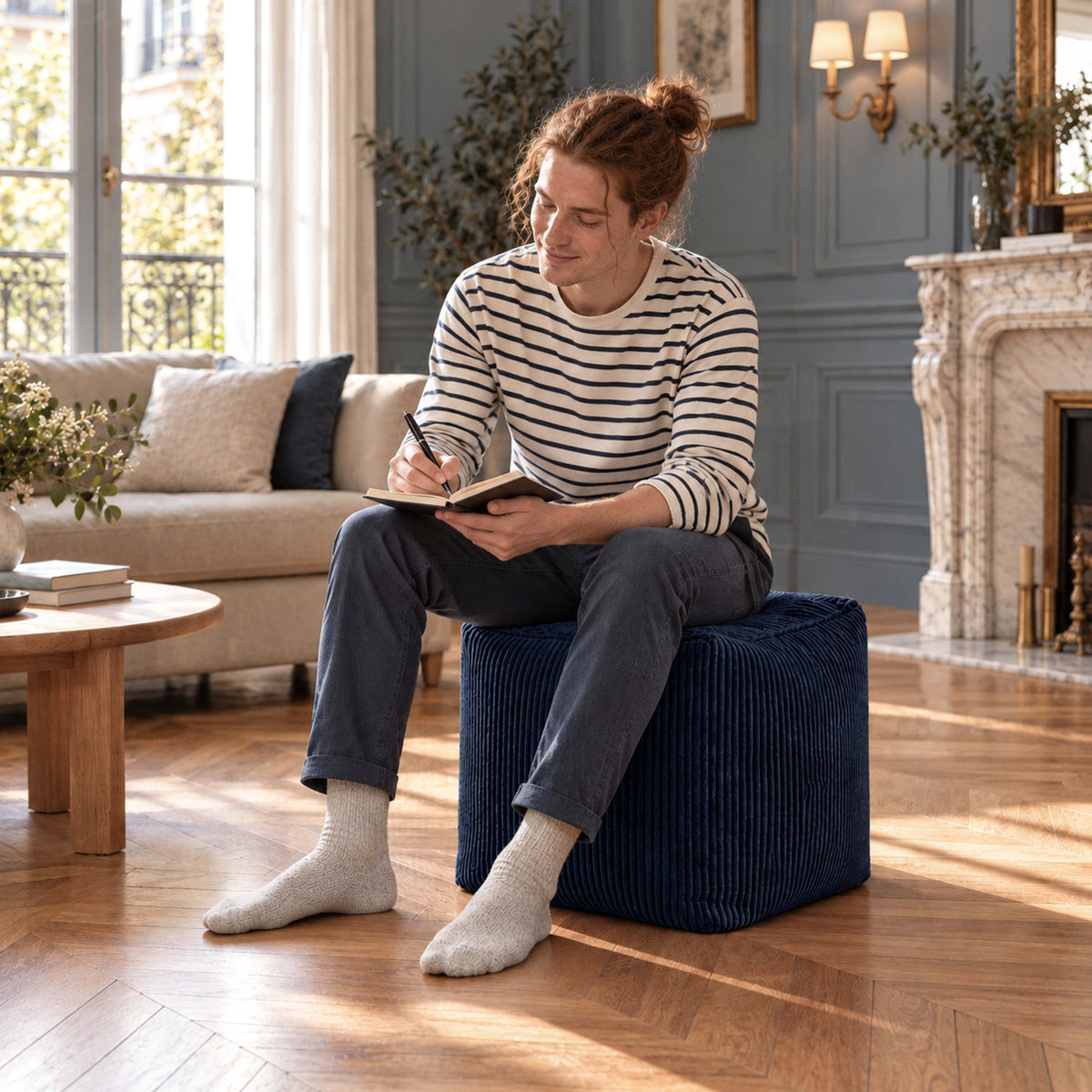 Pouf cube en velours côtelé bleu marine, pouf cube carré assise et repose-pieds, photo d’intérieur salon