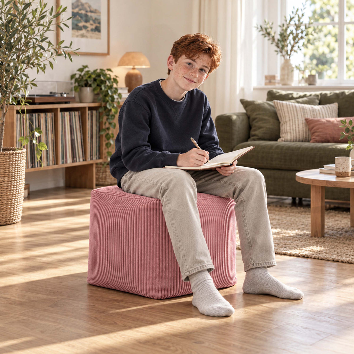 Pouf Cube Velours Côtelé Rose poudré chaud, pouf carr é en velours côtelé pour assise ou repose-pieds dans un salon