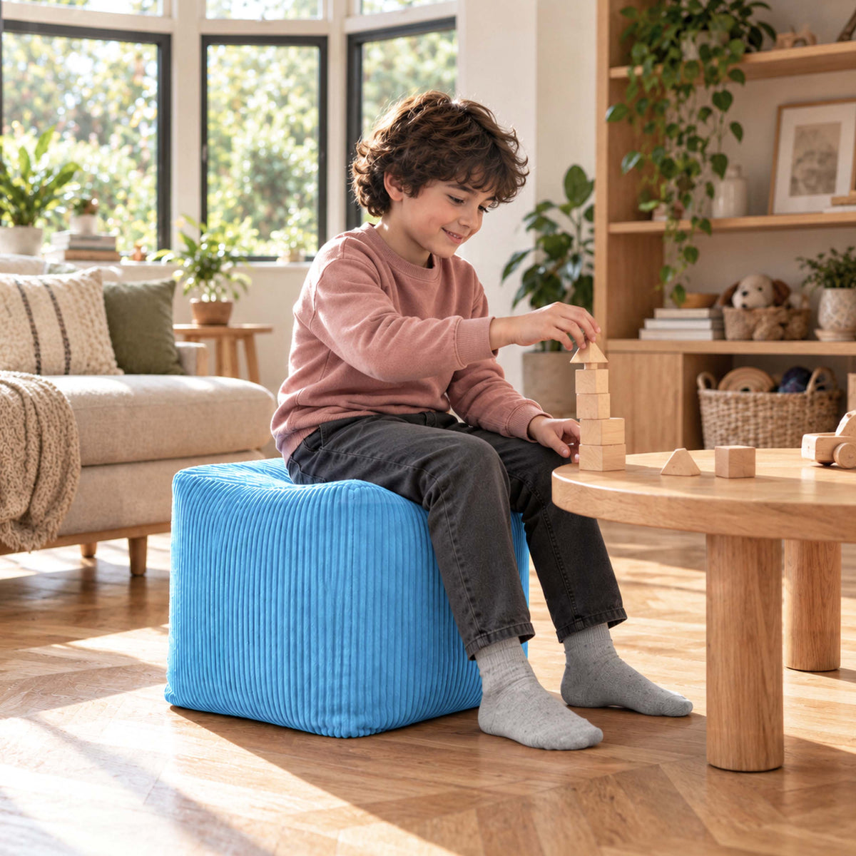 pouf cube velours côtelé bleu ciel déhoussable, assise ou repose-pieds, cube en velours bleu ciel pour salon et chambre