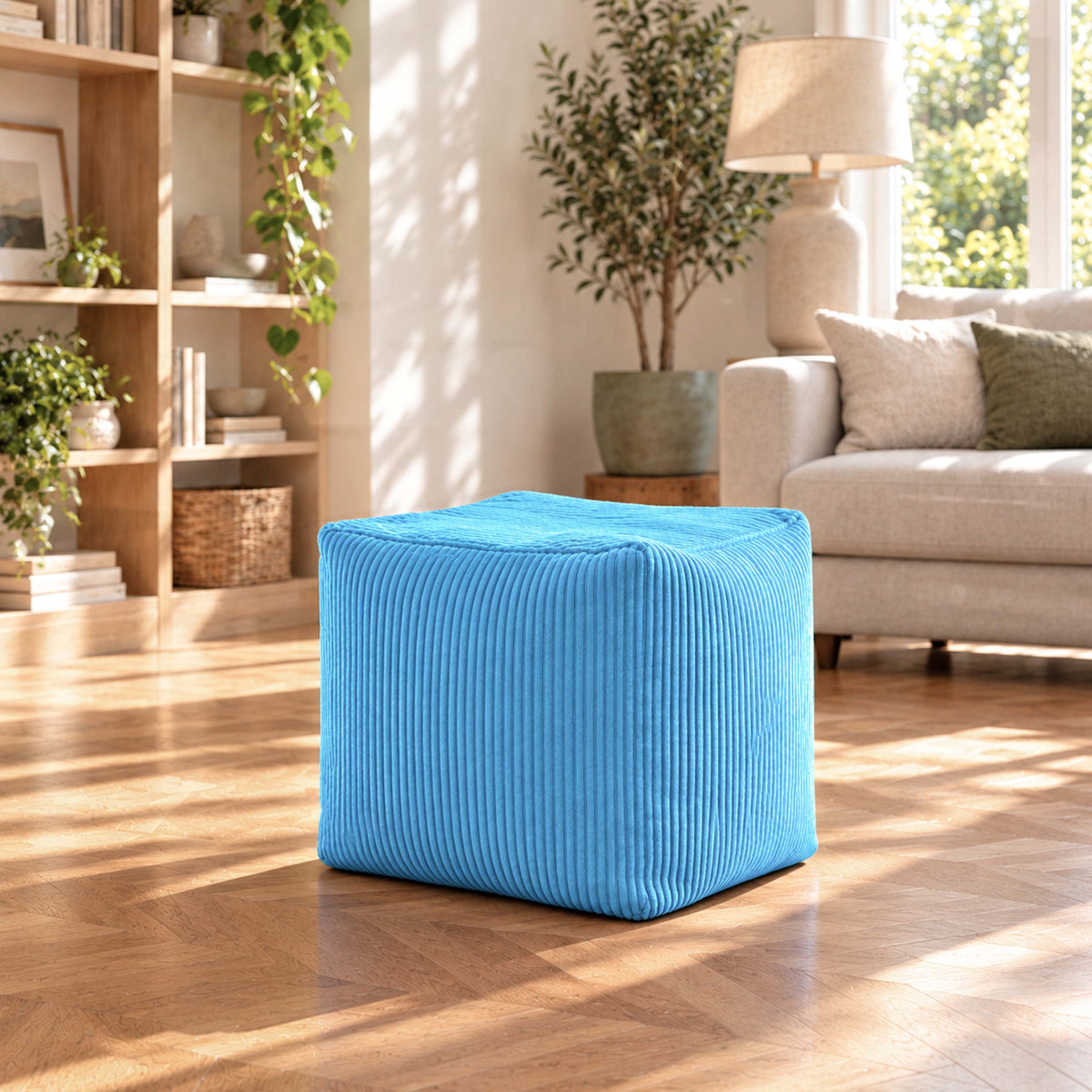 pouf cube velours côtelé bleu ciel déhoussable, pouf carré en velours côtelé bleu ciel pour assise ou repose-pieds