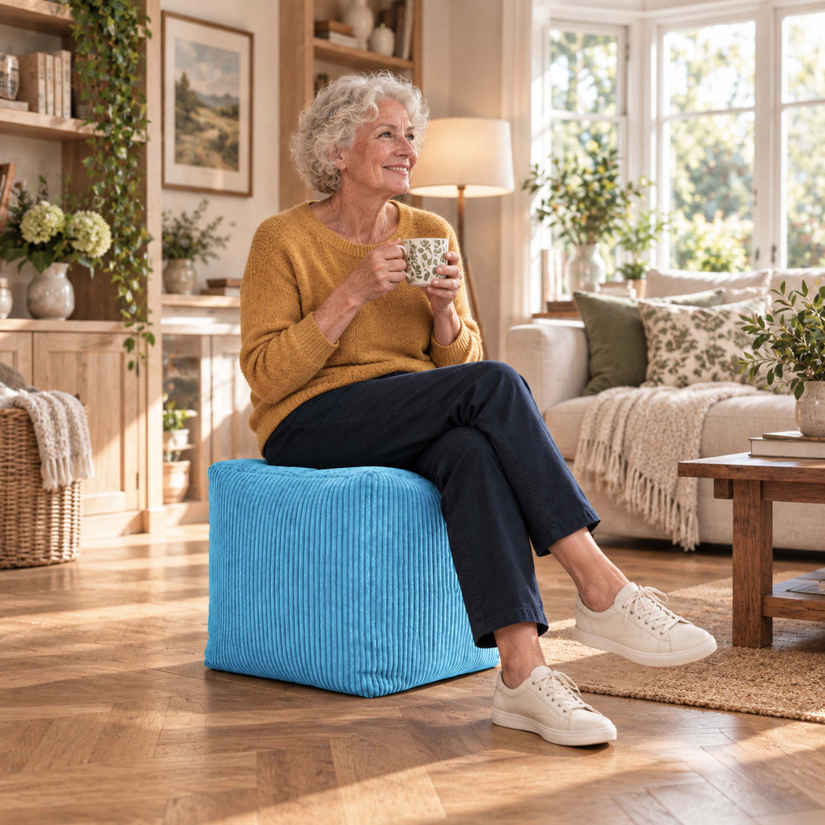 pouf cube velours côtelé bleu ciel déhoussable : pouf cube en velours côtelé bleu ciel, assise d’appoint ou repose-pieds