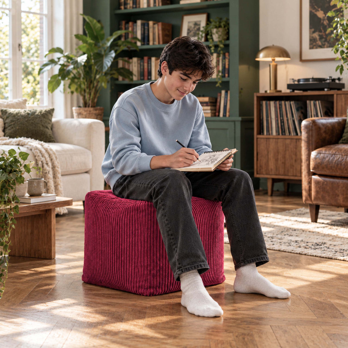 pouf cube déhoussable en velours côtelé cerise, pouf cube velours pour assise ou repose-pieds