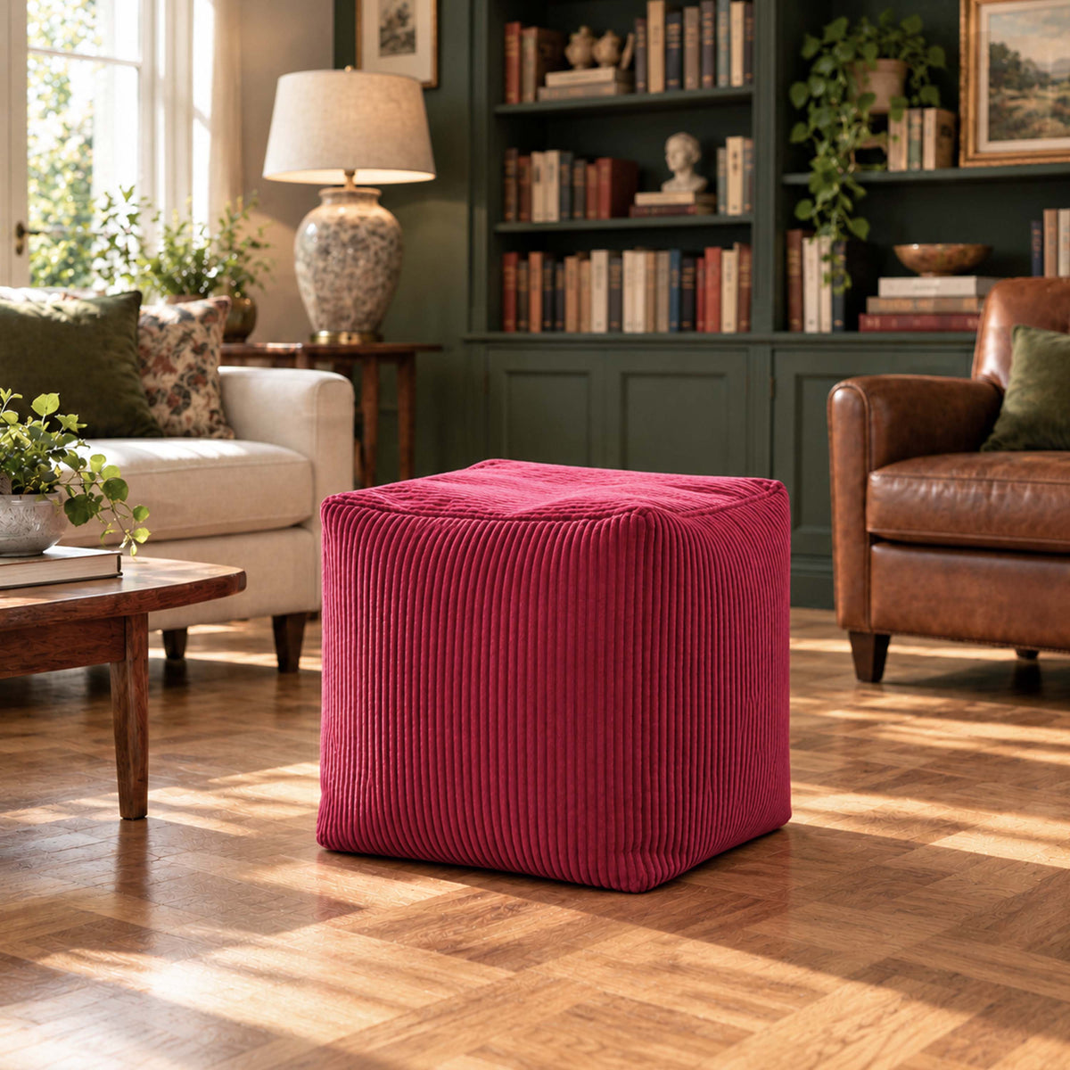 Pouf cube déhoussable en velours côtelé cerise, cube d’assise ou repose-pieds, pour salon et fauteuil