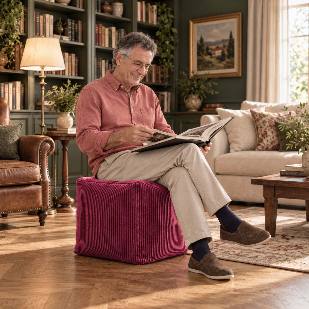 pouf cube déhoussable en velours côtelé cerise : pouf cube velours cerise en assise et repose-pieds dans un salon