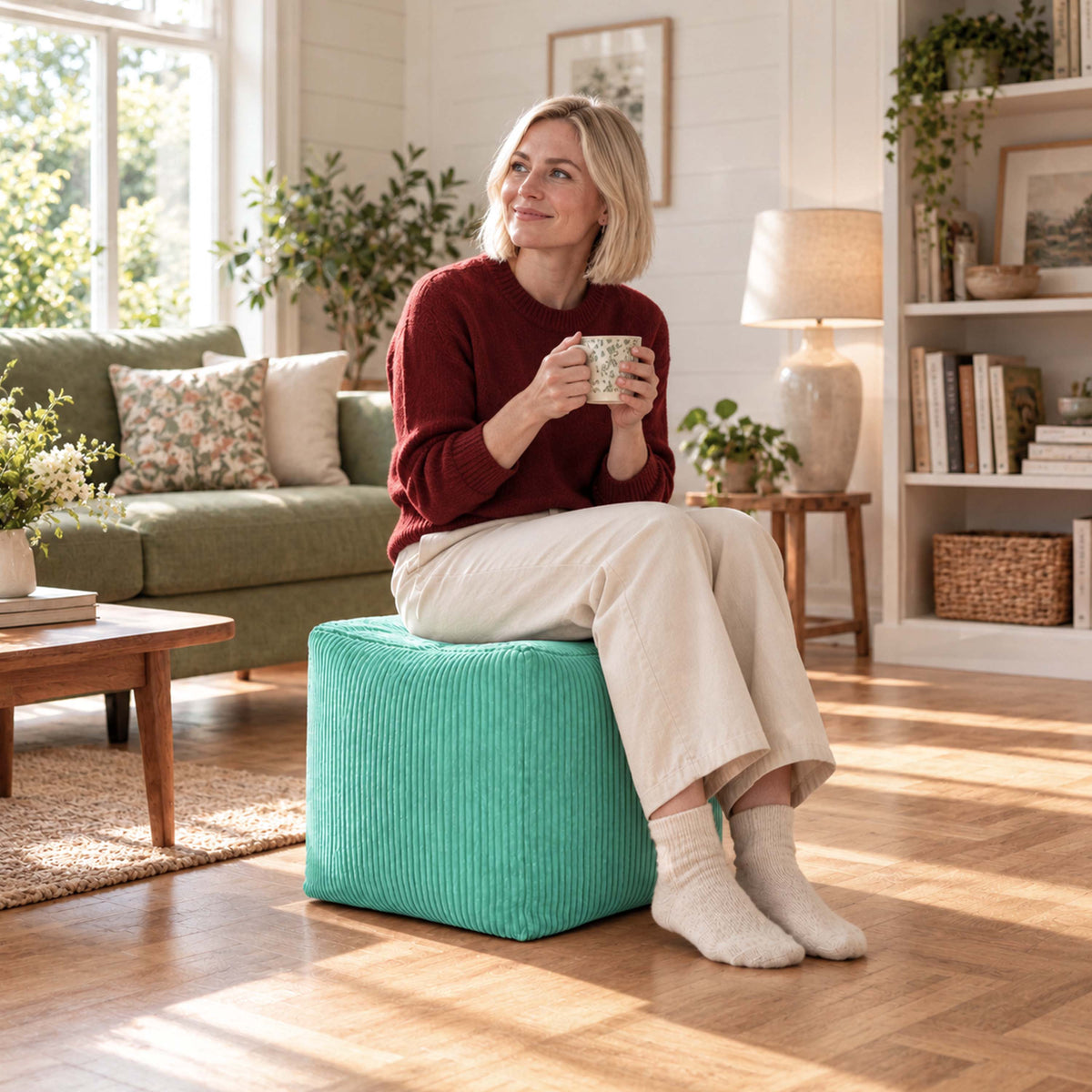 pouf cube velours côtelé turquoise déhoussable, pouf carré en velours côtelé turquoise, assise ou repose-pieds