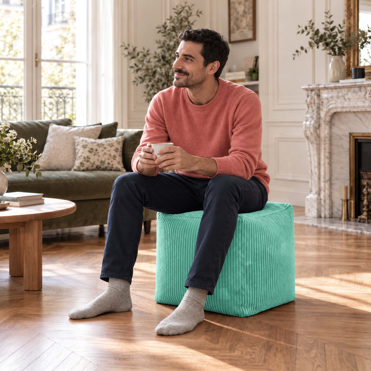 pouf cube velours côtelé turquoise déhoussable, pouf cube en velours côtelé turquoise, assise et repose-pieds dans un salon