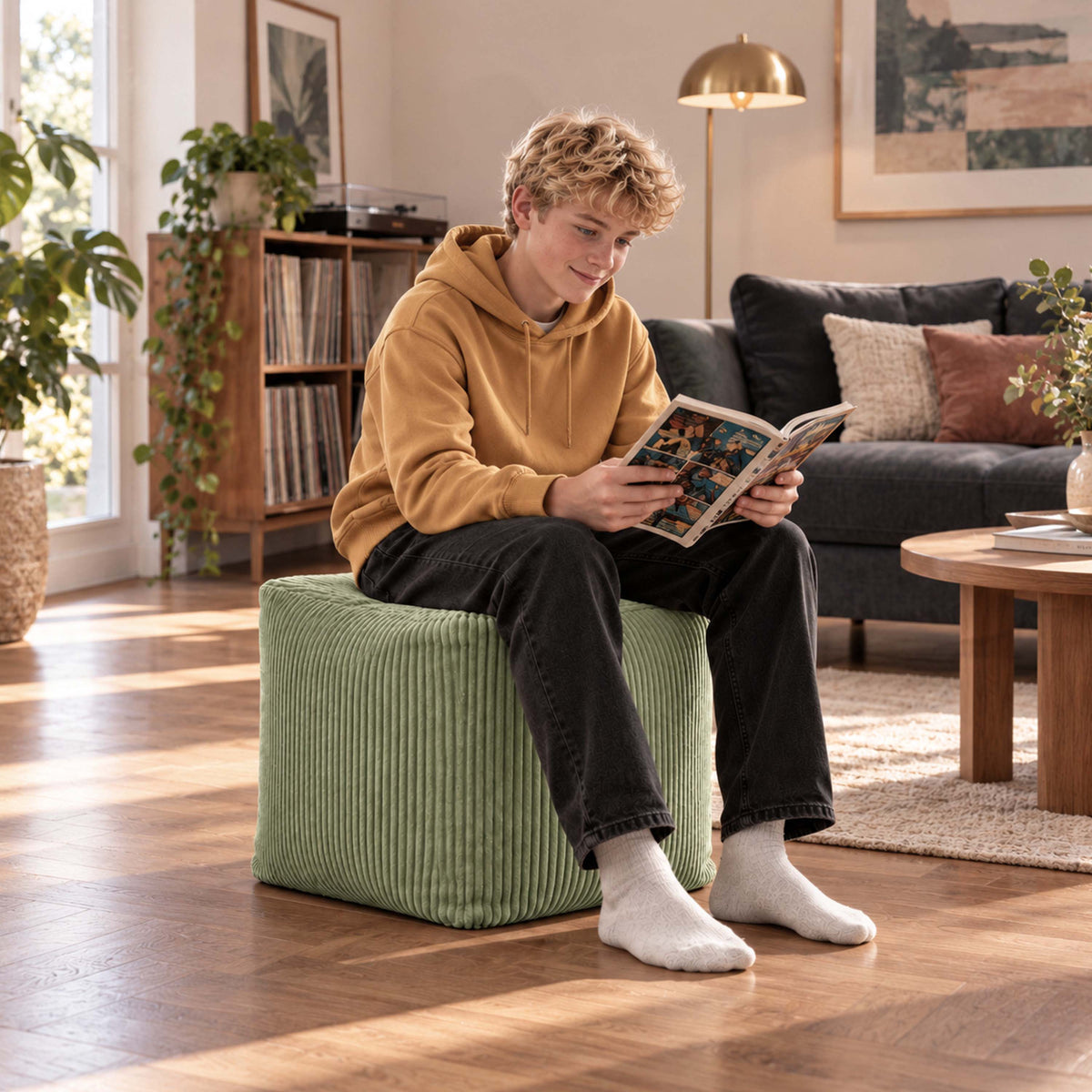 Pouf Cube Velours Côtelé Vert Sauge, assise d’appoint et repose-pieds en velours côtelé vert sauge