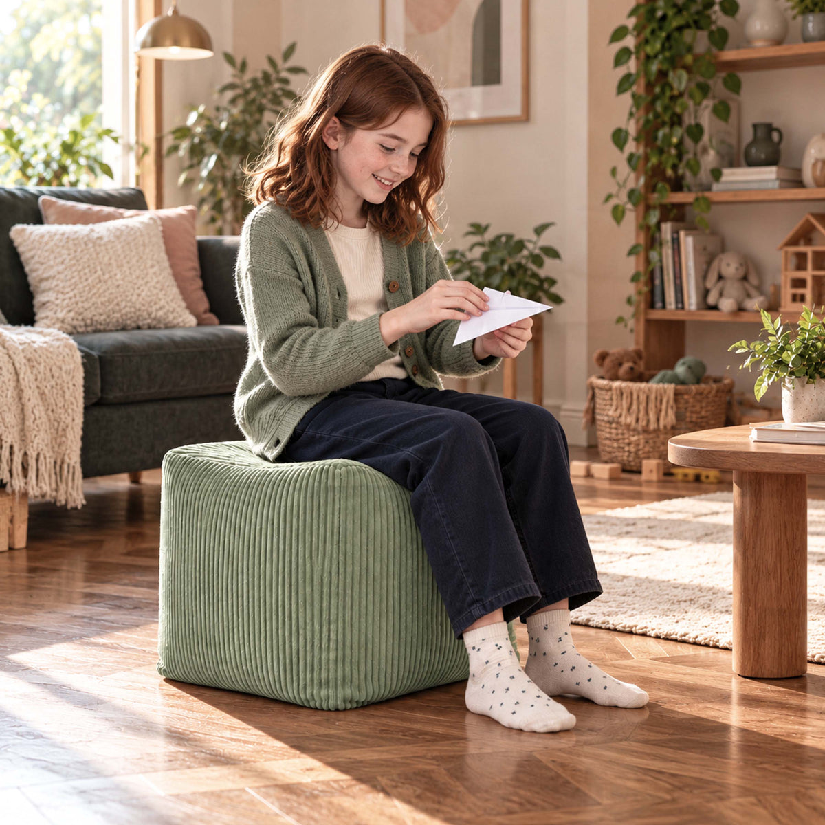 Pouf Cube Velours Côtelé Vert Sauge, pouf en velours côtelé pour assise ou repose-pieds, salon chaleureux
