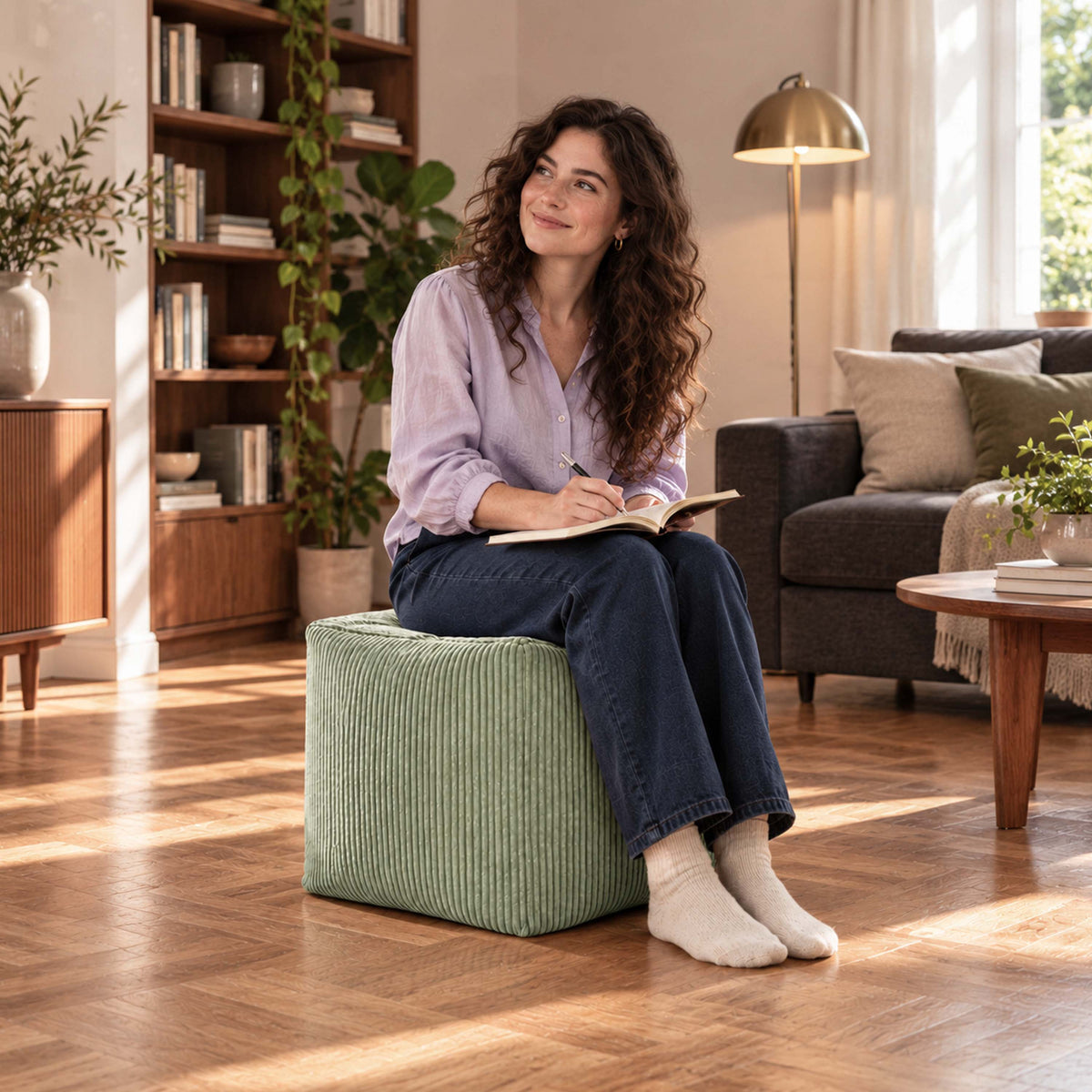 Pouf Cube Velours Côtelé Vert Sauge, assise/repose-pieds en velours côtelé vert sauge, pour salon et coin lecture