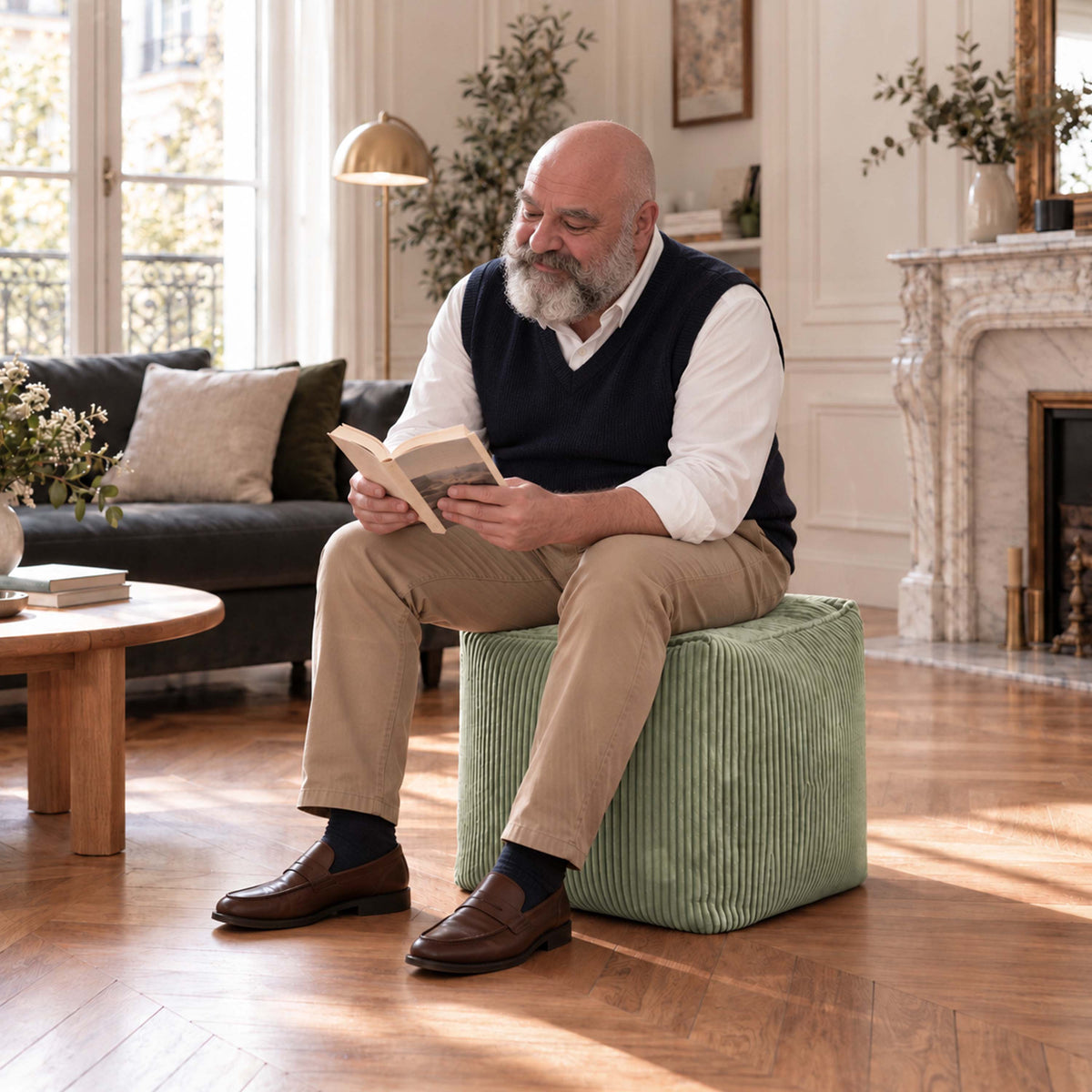 Pouf Cube Velours Côtelé Vert Sauge, pouf cube d’assise et repose-pieds en velours côtelé, salon lumineux