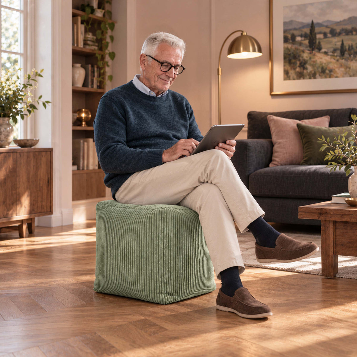Pouf Cube Velours Côtelé Vert Sauge, pouf carré en velours côtelé vert sauge servant d’assise et repose-pieds, salon lumineux