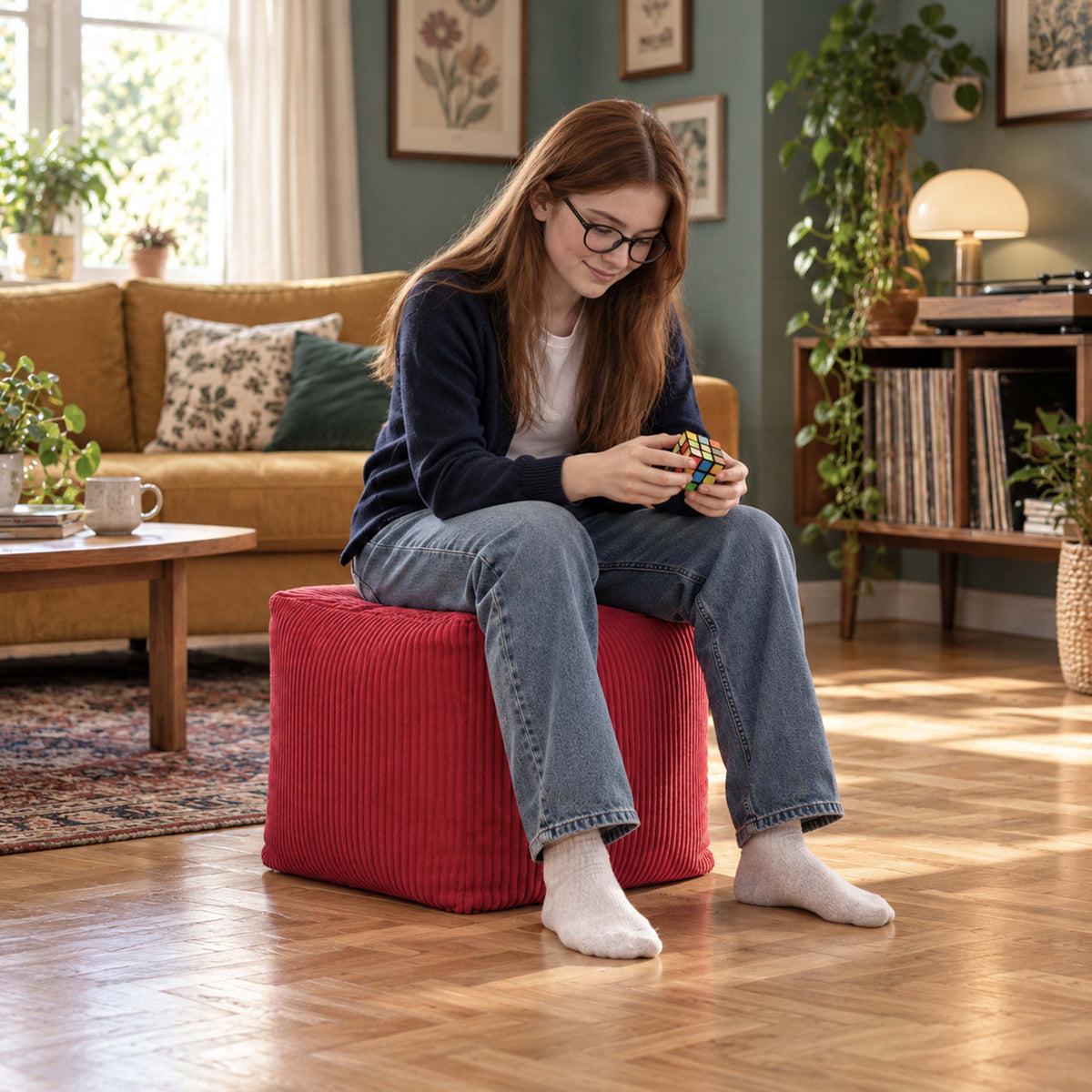 pouf cube en velours côtelé rouge déhoussable, pouf en tissu rouge à côtes, assise d’appoint et repose-pieds