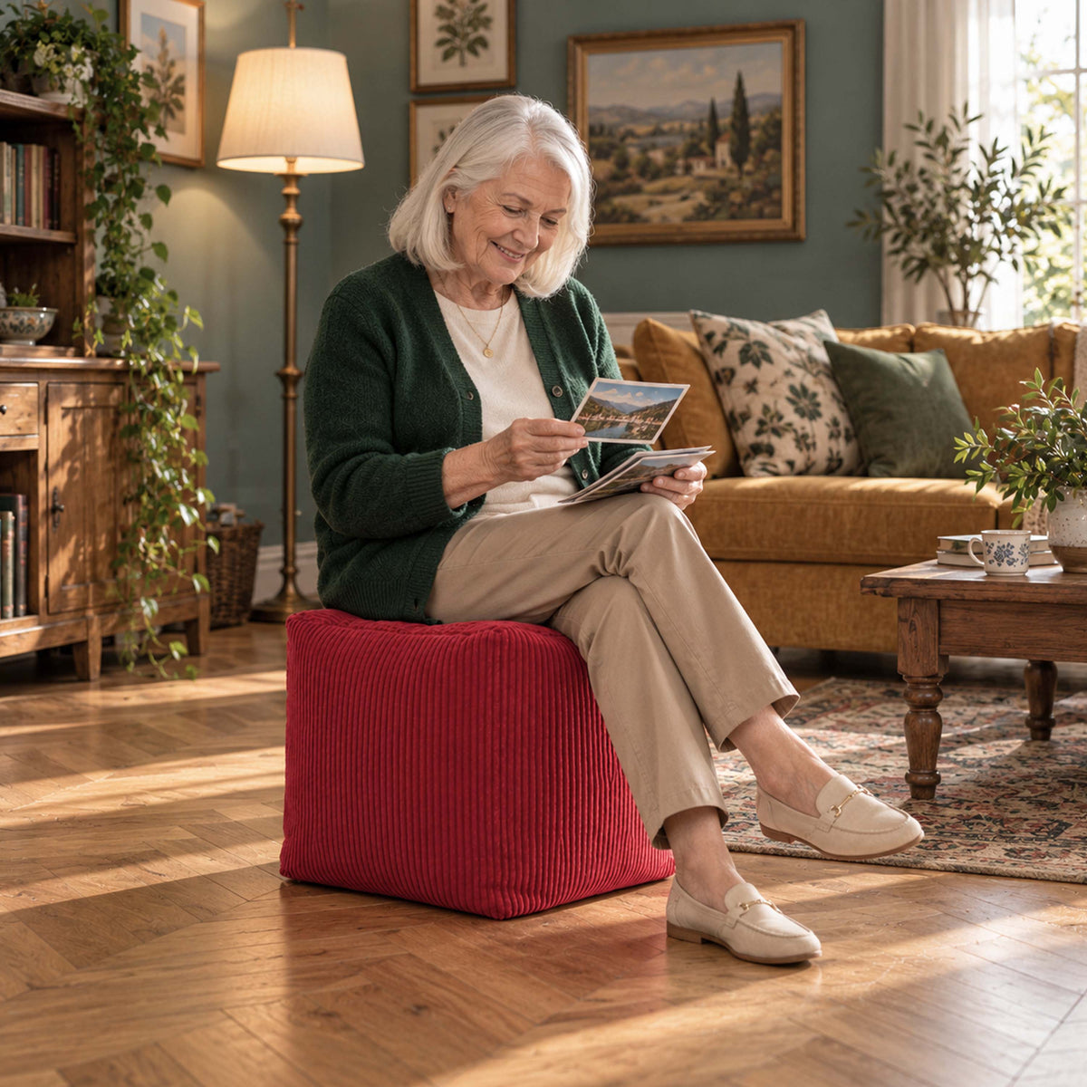 Pouf cube en velours côtelé rouge déhoussable, assise d’appoint et repose-pieds, velours côtelé rouge en intérieur chaleureux