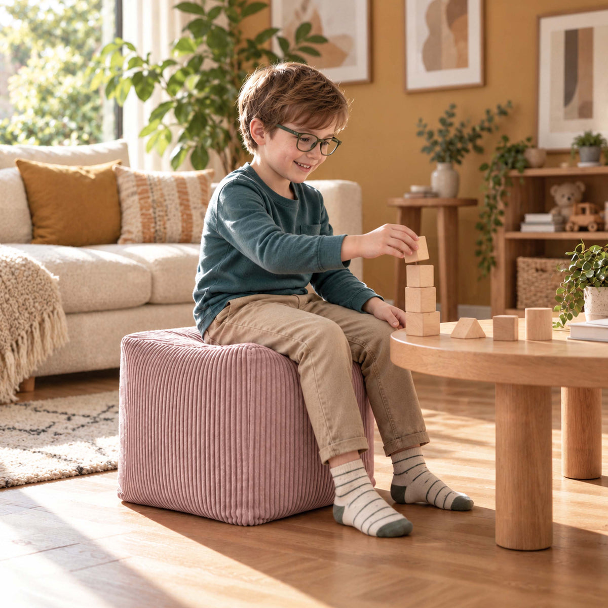 Pouf Cube Velours Côtelé Rose poudré, assise enfant et repose-pieds, velours côtelé rose poudré dans un salon chaleureux