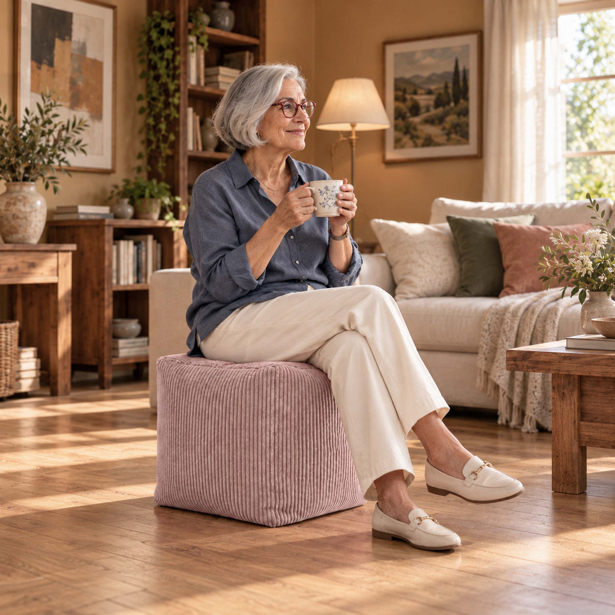 Pouf Cube Velours Côtelé Rose poudré : cube en velours côtelé pour assise ou repose-pieds, dans un salon chaleureux.