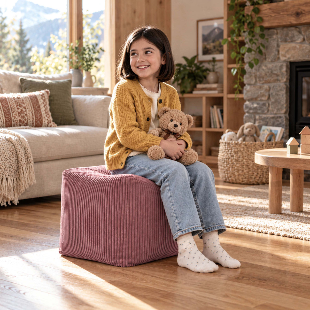 Pouf Cube Velours Côtelé Vieux rose, assise d’appoint et repose-pieds en velours côtelé, usage familial en intérieur