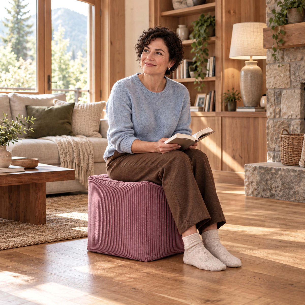 Pouf Cube Velours Côtelé Vieux rose, assise et repose-pieds en velours côtelé, dans un salon chaleureux