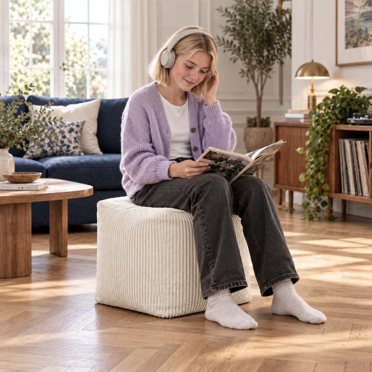 Pouf cube en velours côtelé beige déhoussable, assise d’appoint et repose-pieds, design cube beige en velours côtelé