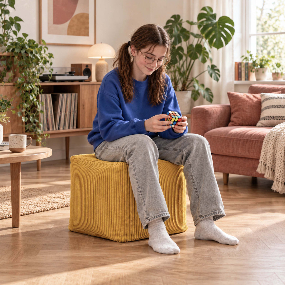 Pouf Cube Velours Côtelé Jaune moutarde : assise d’appoint et repose-pieds en velours côtelé, style moderne intérieur