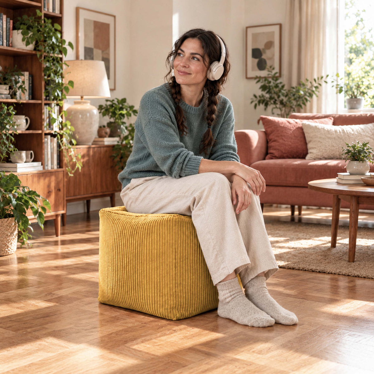 Pouf Cube Velours Côtelé Jaune moutarde, assise d’appoint en velours côtelé, en intérieur salon avec repose-pieds