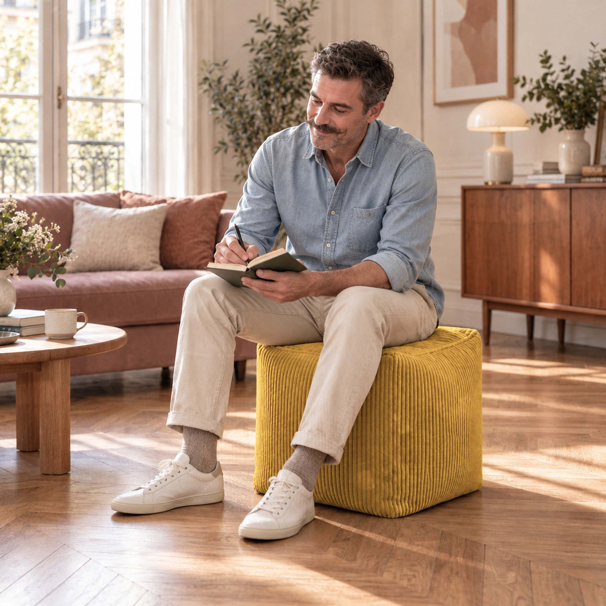 Pouf Cube Velours Côtelé Jaune moutarde, assise compacte et repose-pieds, en salon chaleureux, vue d’ensemble