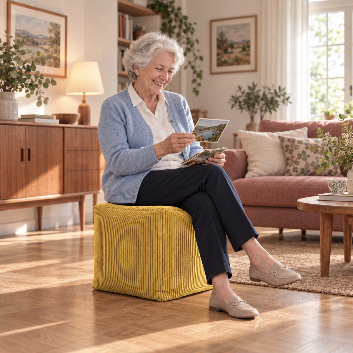 Pouf Cube Velours Côtelé Jaune moutarde en velours côtelé, assise ou repose-pieds, salon lumineux avec grand pouf cube