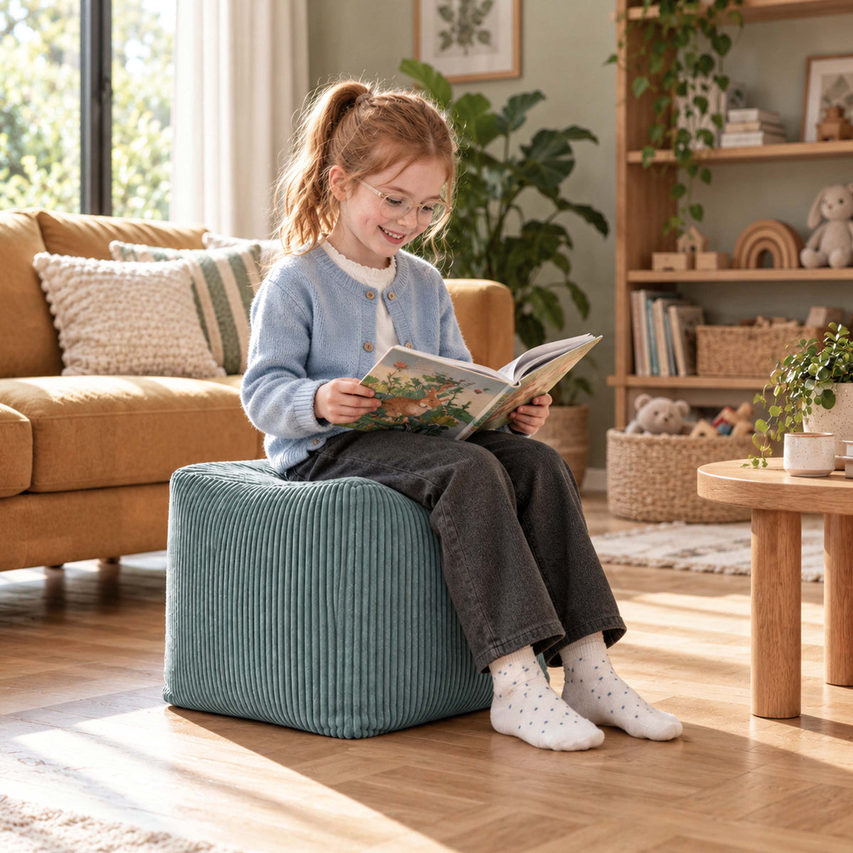 Pouf Cube Velours Côtelé Vert gris, pouf d’appoint en velours côtelé pour enfant, assise et repose-pieds tendance