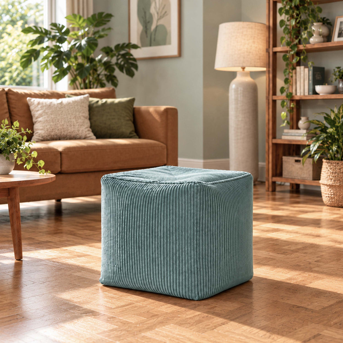 Pouf Cube Velours Côtelé Vert gris, cube côtelé en velours, assise et repose-pieds pour salon, déco moderne