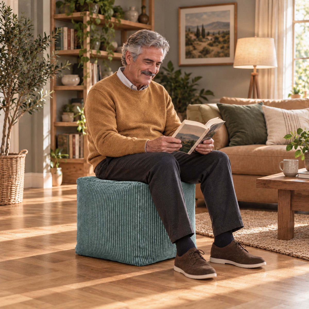 Pouf Cube Velours Côtelé Vert gris pour assise et repose-pieds, velours côtelé, salon cosy